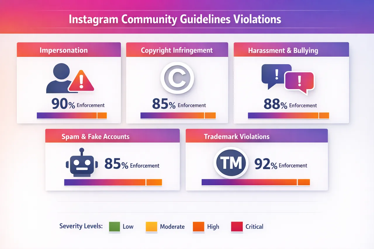 Instagram takedown routes by violation type — copyright, trademark, impersonation, Community Guidelines.